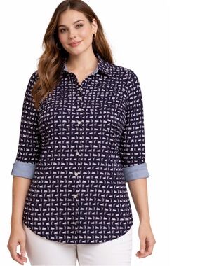 Talbots Shirt Gray Pink Button-Down Swan Print 4